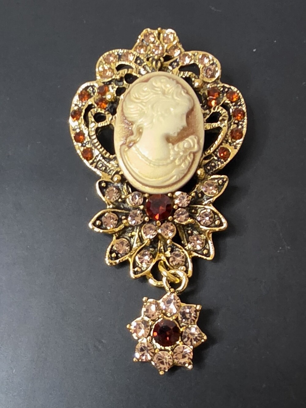 Gold Cameo Pendant Brooch with Pink and Garnet Accents